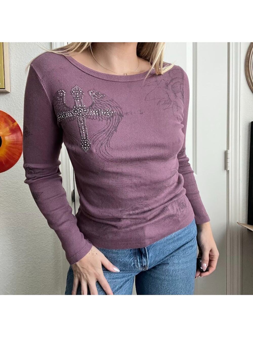 Y2K Rhinestoned All Over Grunge Cross Graphic Long Sleeve Sz S